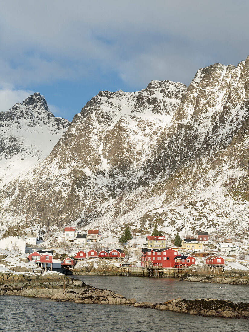 Village A i Lofoten on the island Moskenesoya. The Lofoten Islands in northern Norway during winter. Scandinavia, Norway