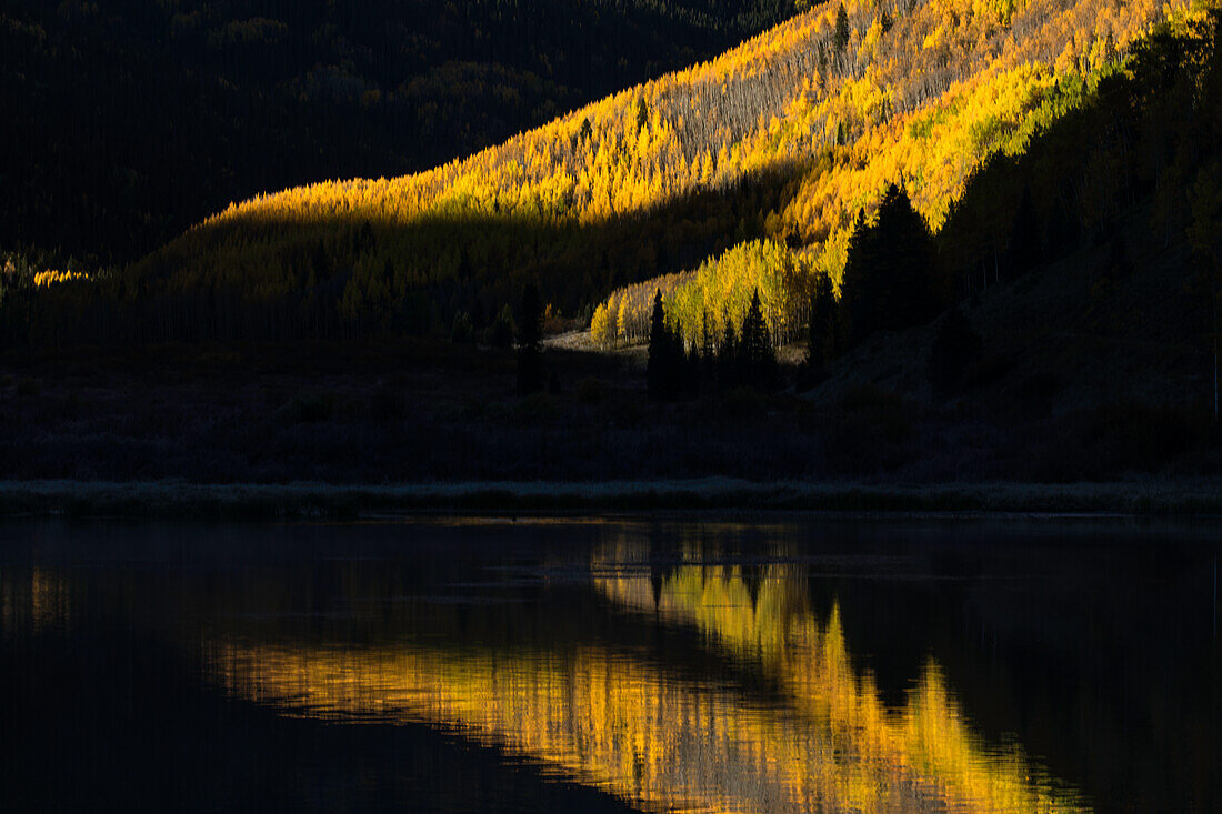 Fall colors and Red Mountain reflected on Crystal Lake at sunrise, near Ouray, Colorado