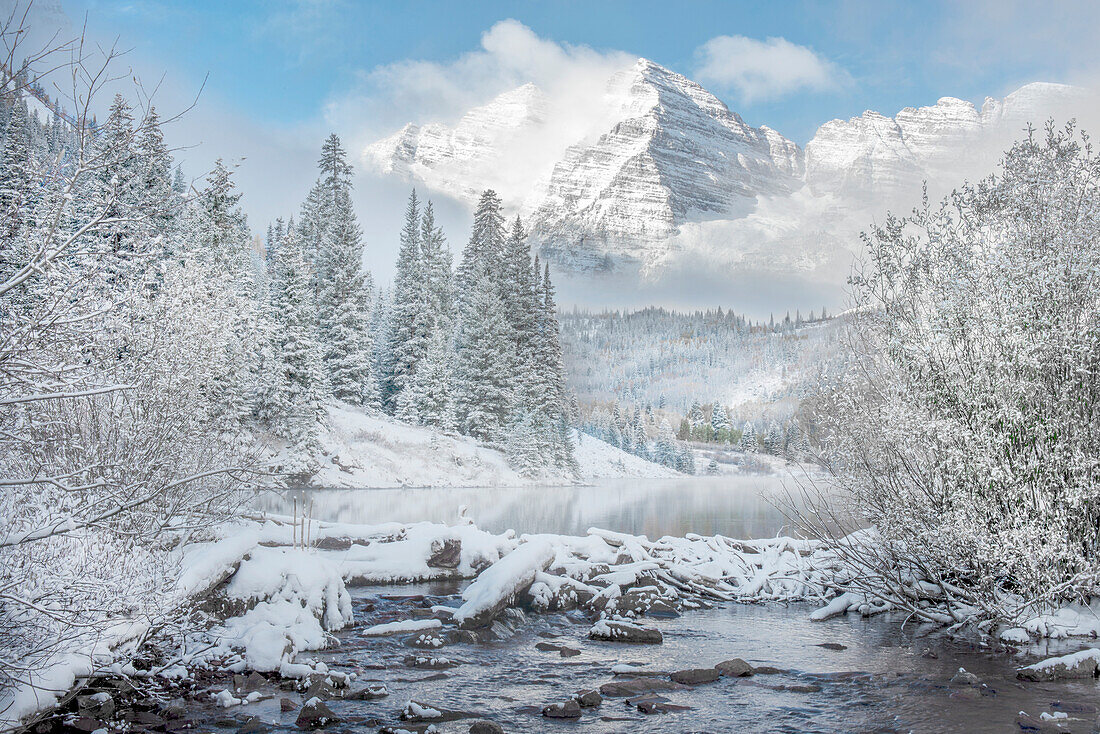 Winter comes to the maroon bells near Aspen Colorado in the Rocky Mountains