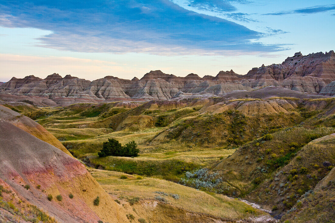 Colorful hills at sunset, Badlands Loop Trail, Badlands National Park, South Dakota, USA