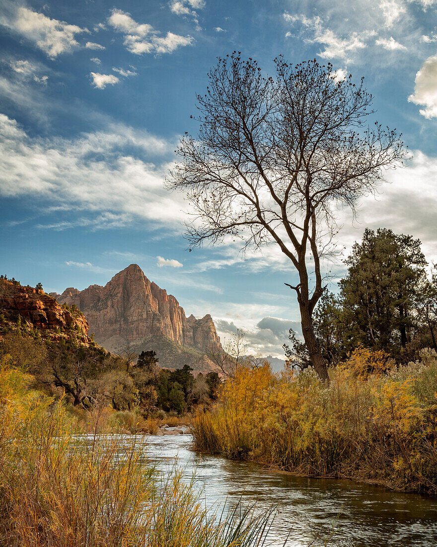USA, Utah, Zion National Park, Virgin River und The Watchman in der Nähe von Sonnenuntergang
