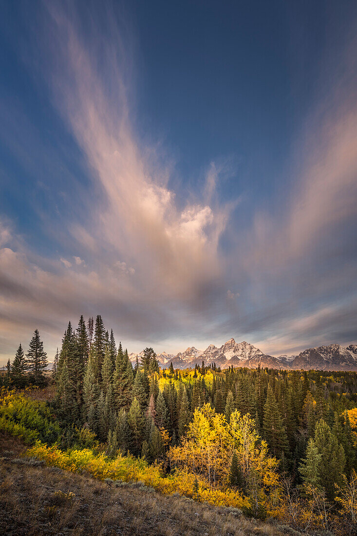 Autumn sunrise view of Teton Range, Grand Teton National Park, Wyoming