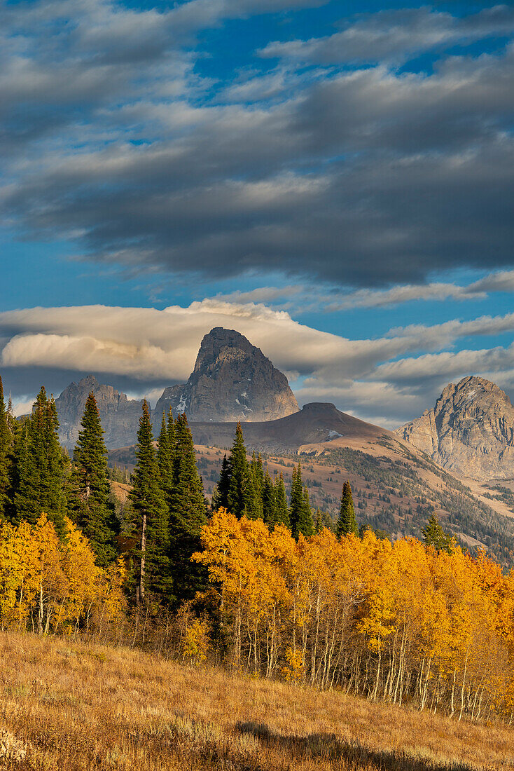 Landscape of Mt. Owen, Grand Teton and Middle Teton from the west, golden fall foliage, near Grand Targhee Ski Resort, Wyoming