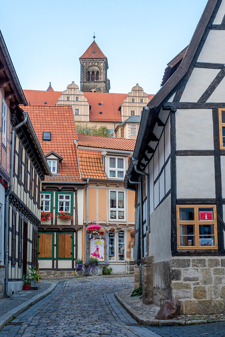 Alley with half-timbered houses, behind it the Schlossberg with the collegiate church of St. Servatius, World Heritage city of Quedlinburg, Saxony-Anhalt, Germany