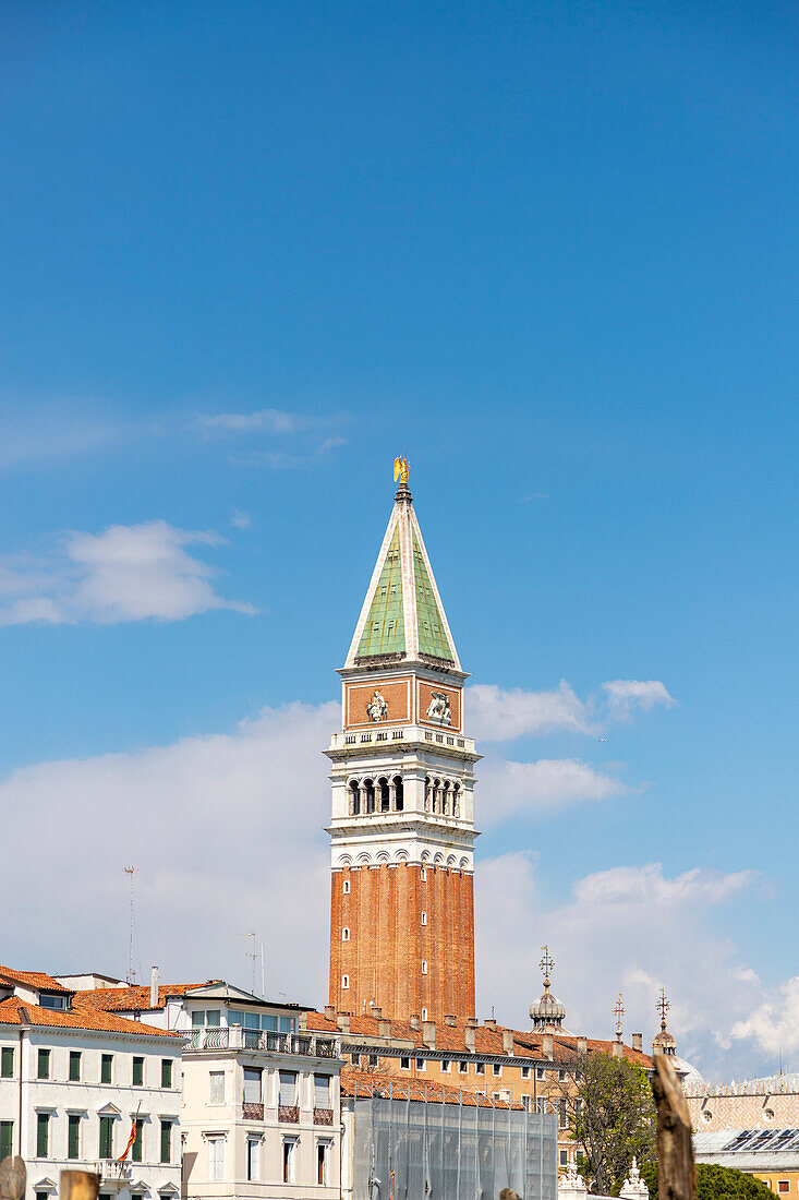 The bell tower of San Marco seen from the Punta della Dogana, Venice, Veneto, Italy.