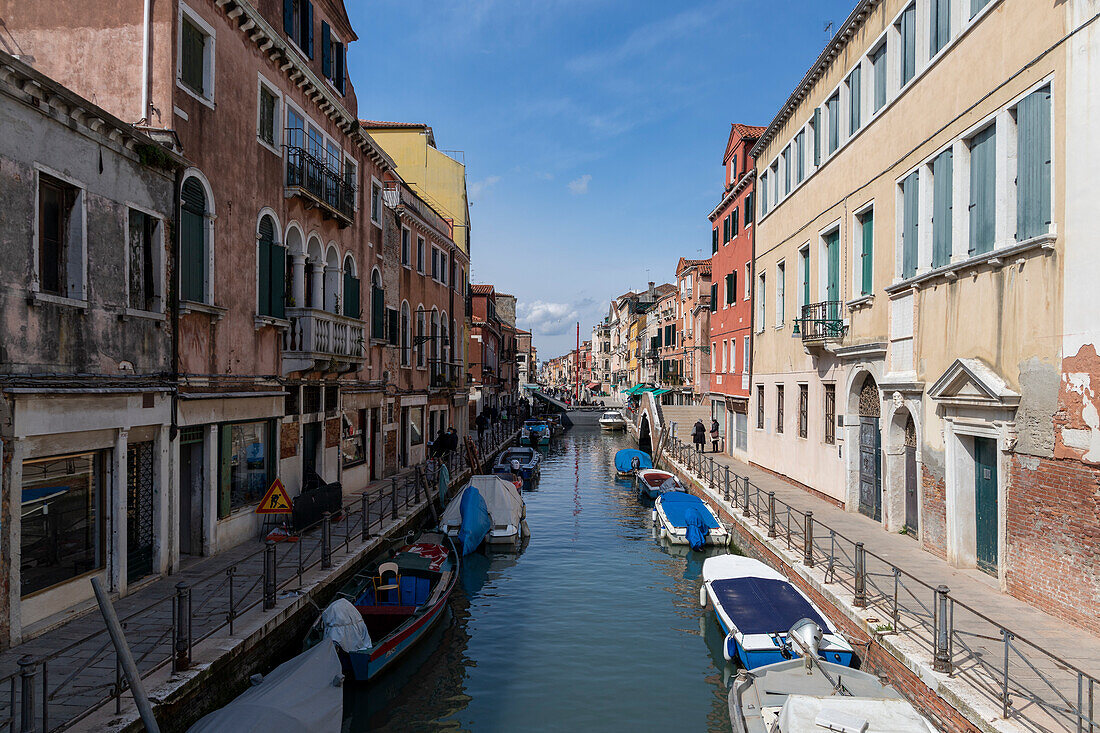Rio di Sant'Anna perspective with moored boats, Venice, Veneto, Italy