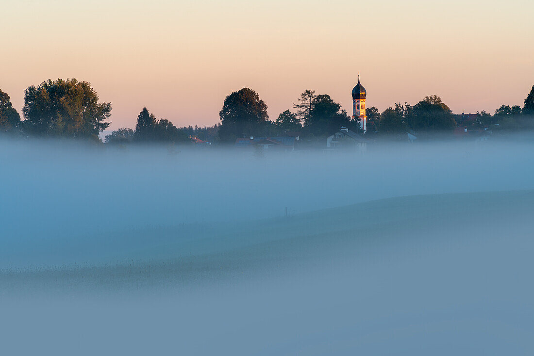 View of Uffing on a foggy morning in September, Upper Bavaria, Bavaria, Germany