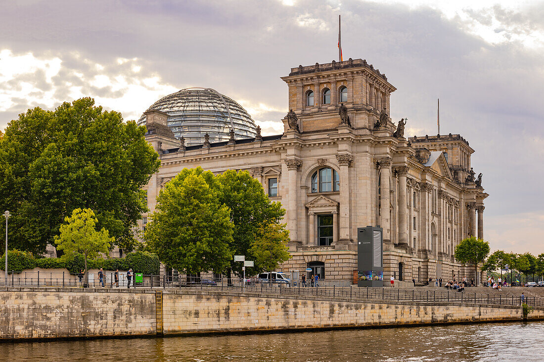 Reichstag seen from the River Spree in evening light, Berlin, Germany