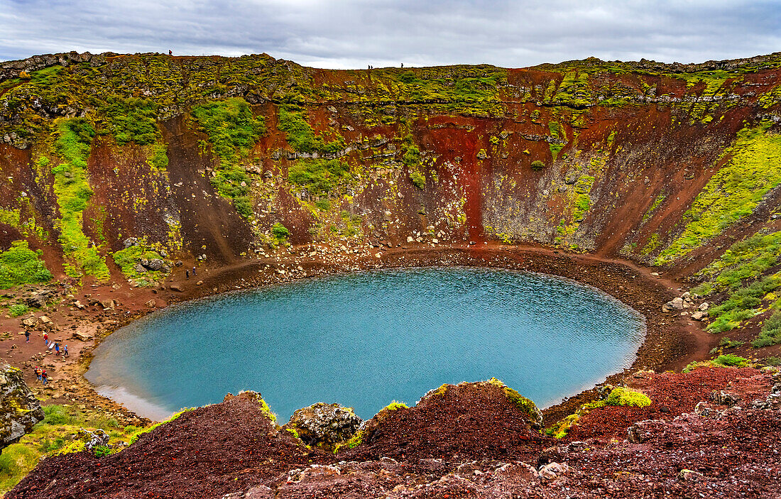 Red green Kerio Volcano Crater blue Lake Golden Falls Golden Circle, Iceland. Crater is 3,000 years old