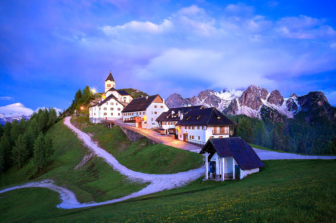 Europe, Italy, Monte Lussari. Sunset on ski resort