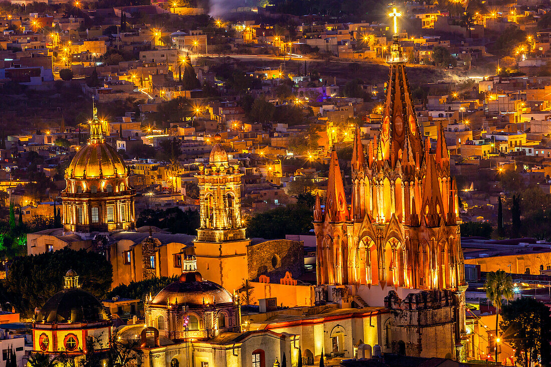 San Miguel de Allende, Mexico, Miramar Overlook Night, Parroquia Archangel Church Close-up
