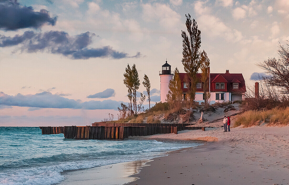 Point Betsie Lighthouse at sunset coast of Lake Michigan.