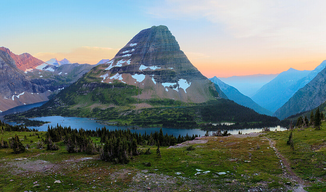 Bearhat Mountain behind Hidden Lake at sunset. Glacier National Park. Montana. Usa.