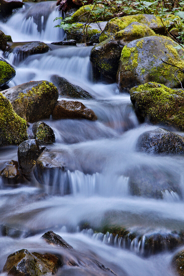 USA, Oregon, Columbia River Gorge, Wasserkaskadierung über Felsen bei Punchbowl Falls