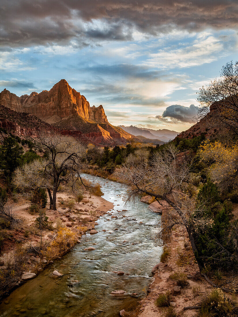 USA, Utah, Zion Nationalpark, Sonnenuntergang leuchtet The Watchman und den Virgin River