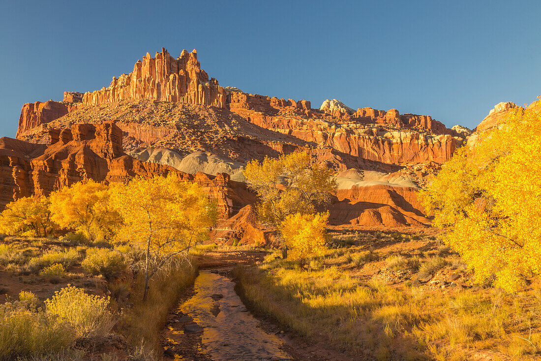 USA, Utah, Capitol Reef National Park. The Castle rock formation and Fremont River