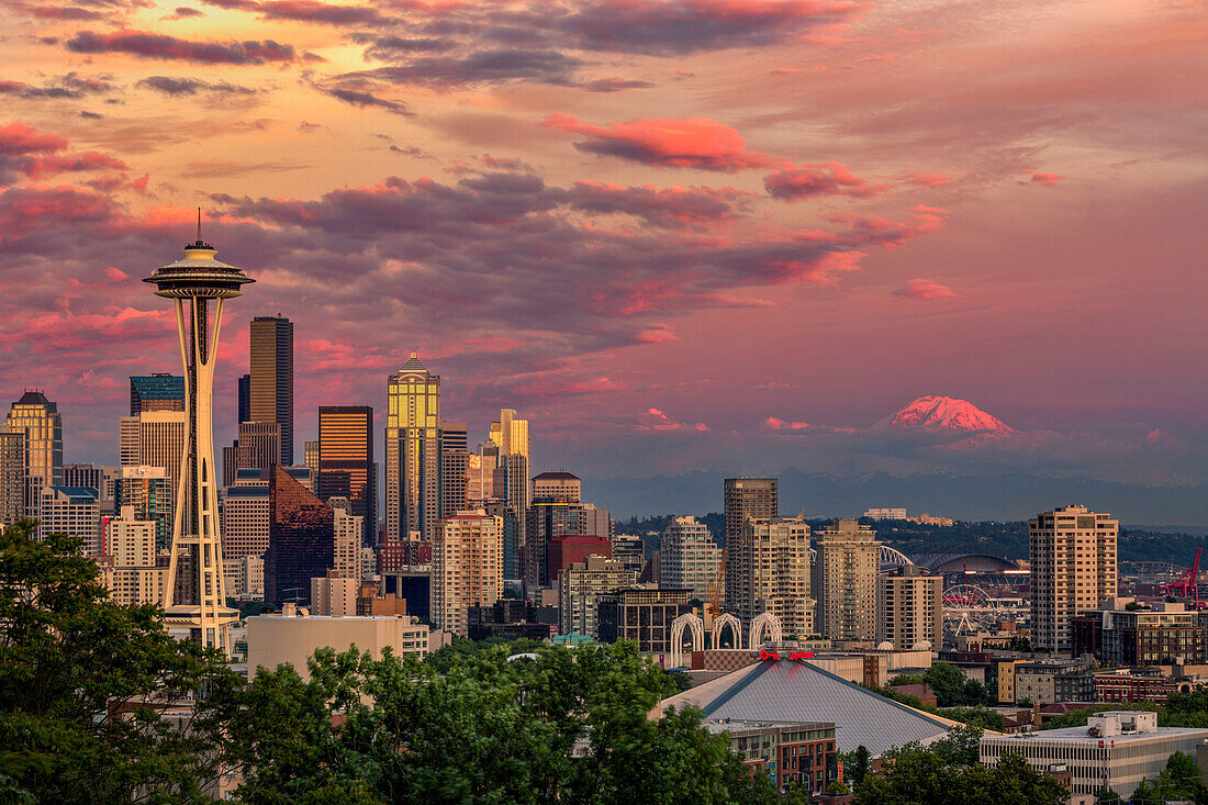 Seattle, Washington State skyline and distant Mt. Rainier.