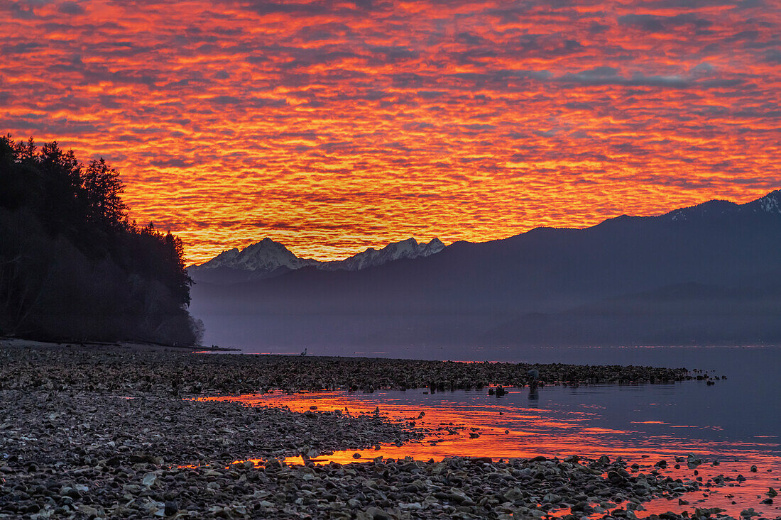 USA, Washington State, Seabeck. Sunset on Hood Canal and Olympic Mountains