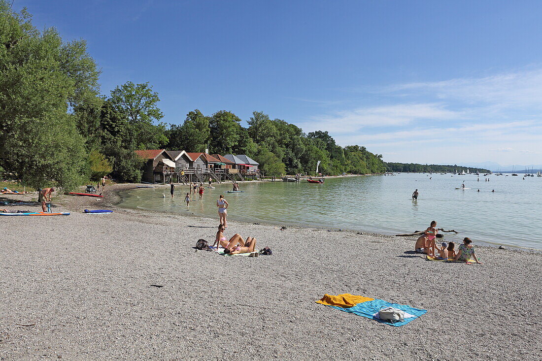 Bathing bay in Stegen near Inning, Ammersee, Five Lakes Region, Upper Bavaria, Bavaria, Germany