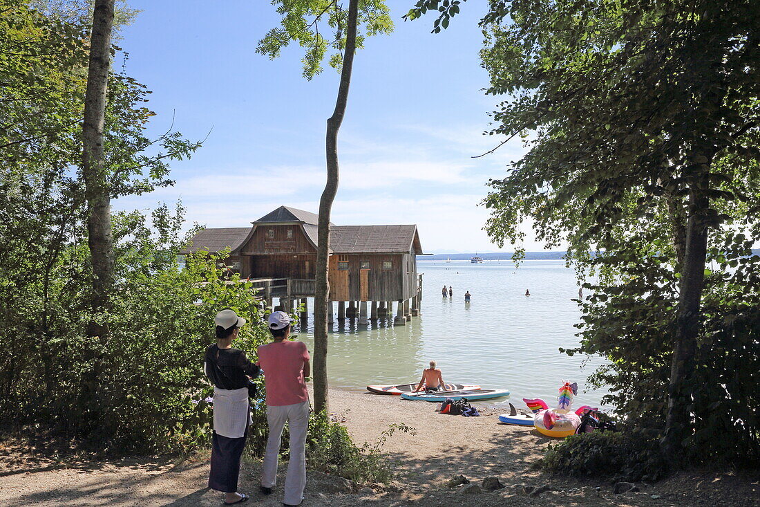 Bathing bay in Stegen near Inning, Ammersee, Five Lakes Region, Upper Bavaria, Bavaria, Germany