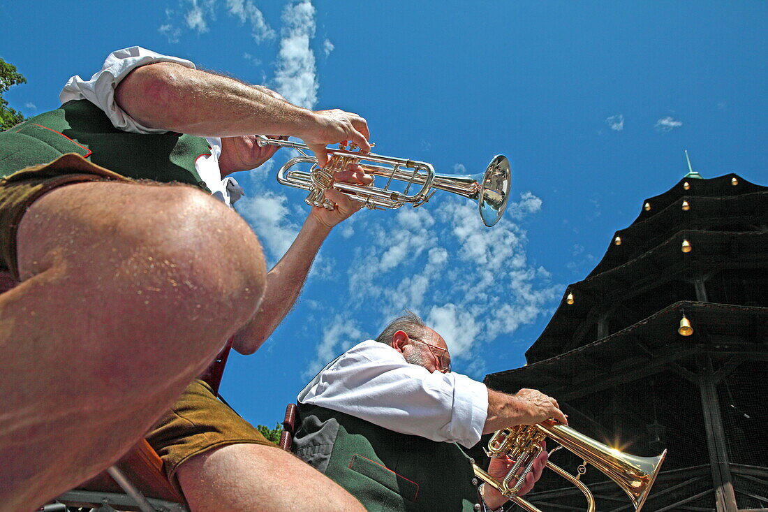 Brass band at the Chinese Tower, English Garden, Munich, Bavaria, Germany