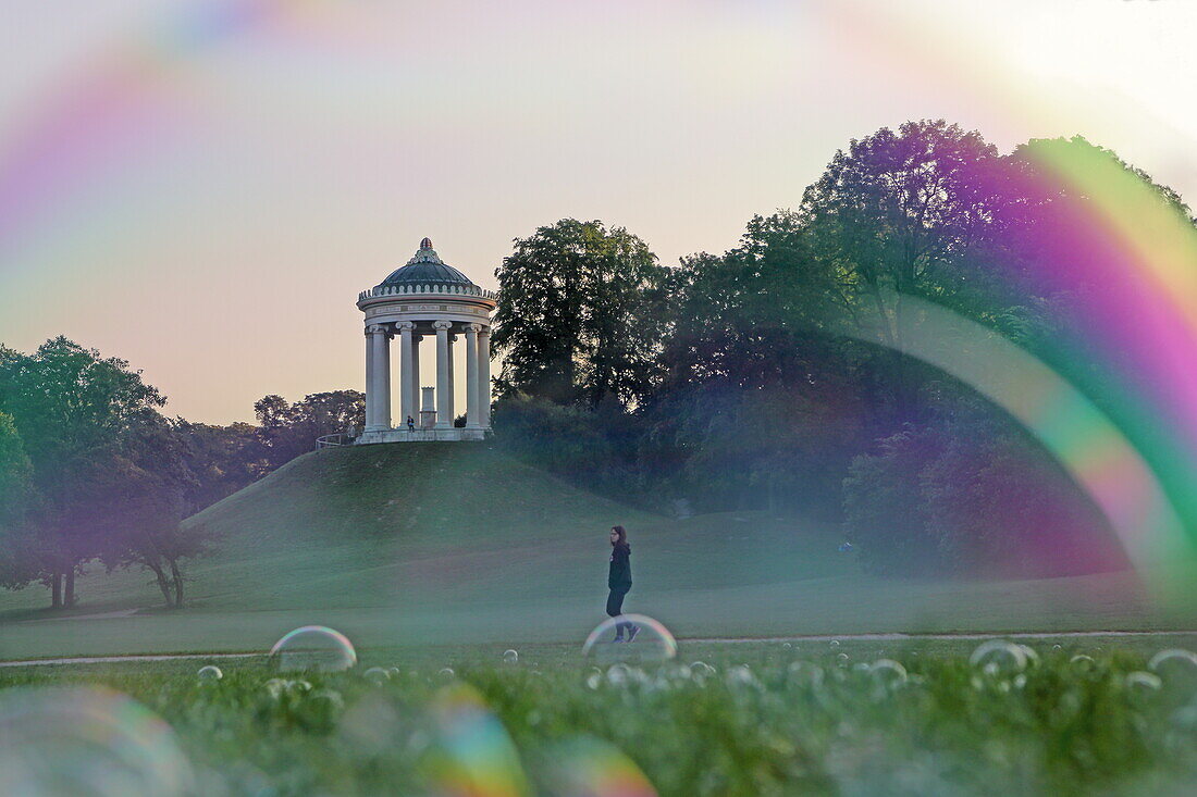 Soap bubbles at Monopteros, English Garden, Munich, Upper Bavaria, Bavaria, Germany