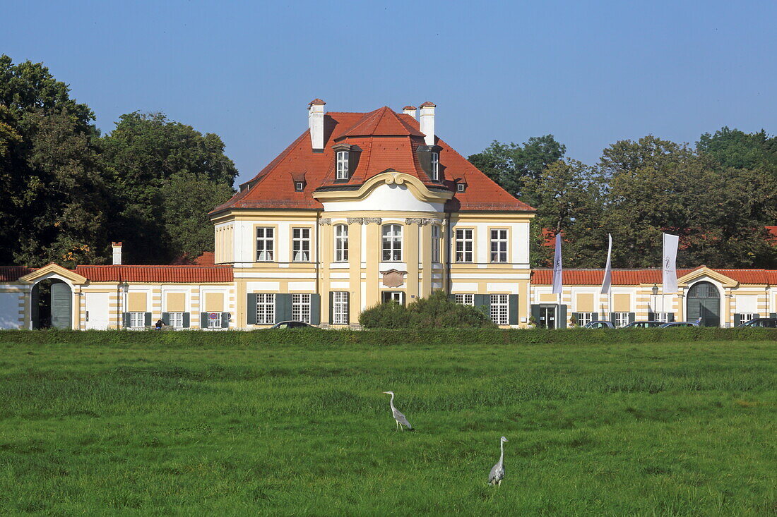 Haus des Schlossrondell mit Silberreiher, Nymphenburg, München, Oberbayern, Bayern, Deutschland