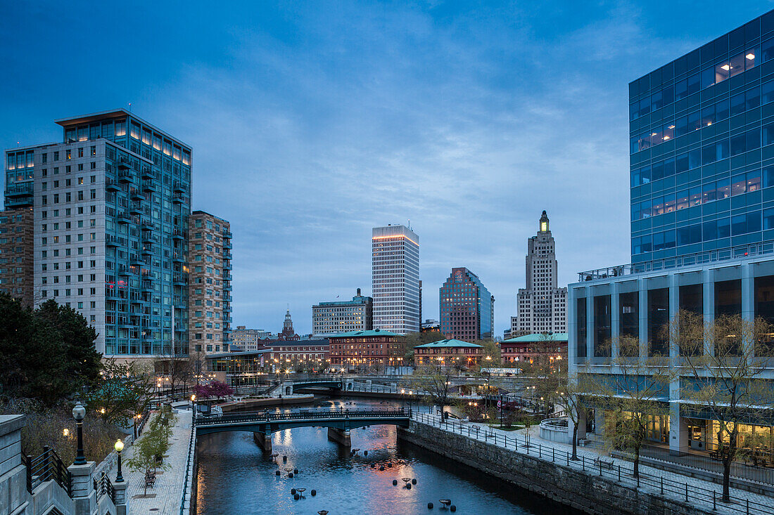 USA, Rhode Island, Providence, city skyline from Waterplace Park at dusk