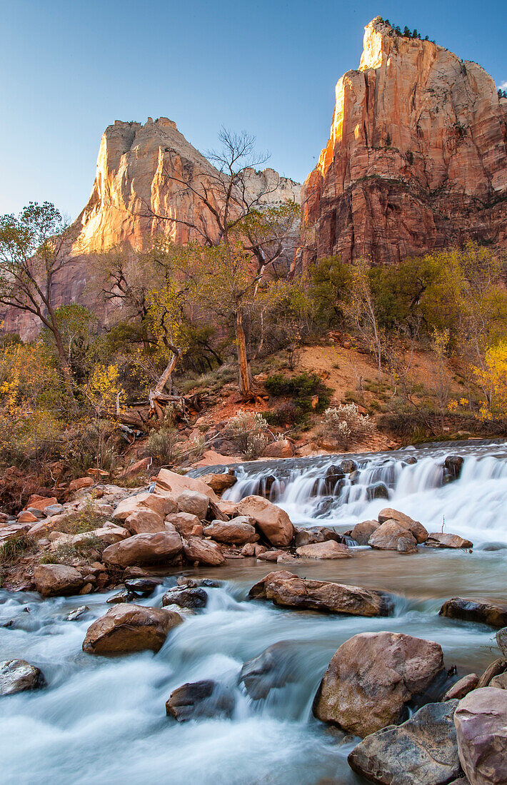 USA, Utah, Zion National Park. The Patriarchs formation and Virgin River.