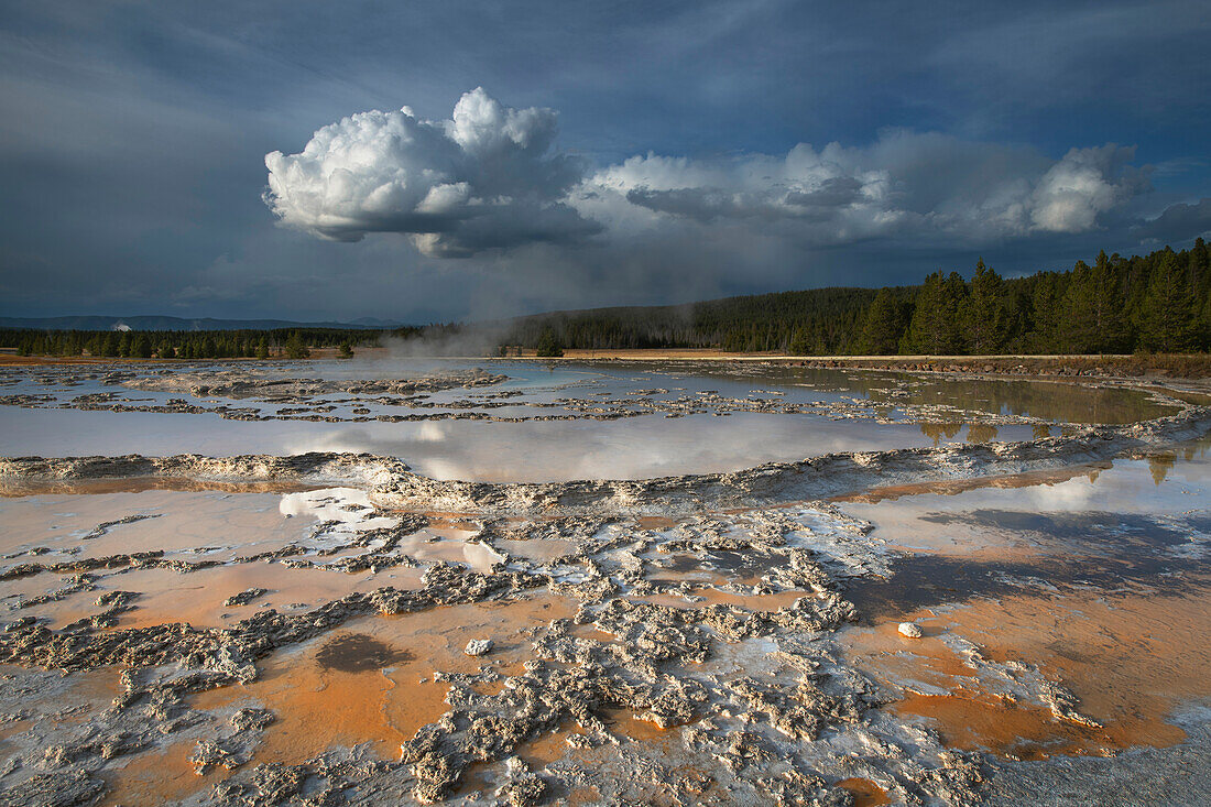 Colorful travertine formations at Great Fountain Geyser, Yellowstone National Park.