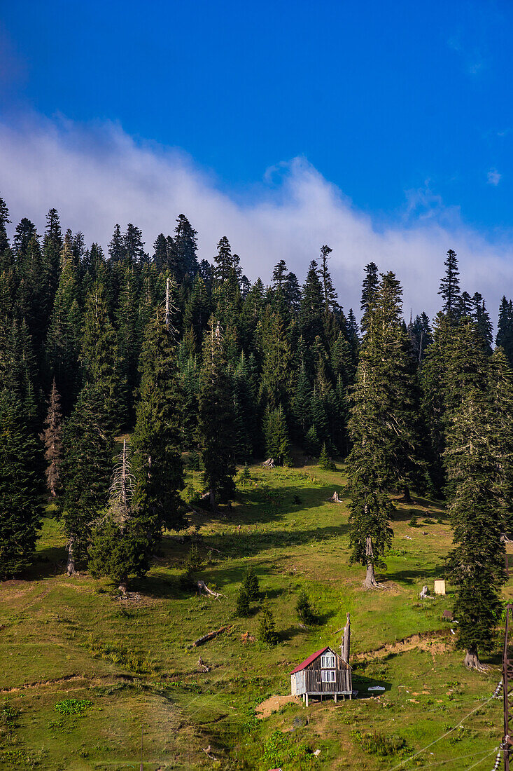 Scenic view of famous georgian resort Bakhmaro against mountain range with clouds