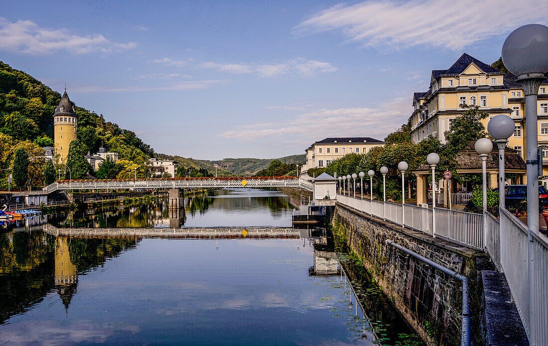 The Lahn in the spa district of Bad Ems with the spa bridge, spring tower, Roman spring, spa house and Kursaal building, Rhineland-Palatinate, Germany