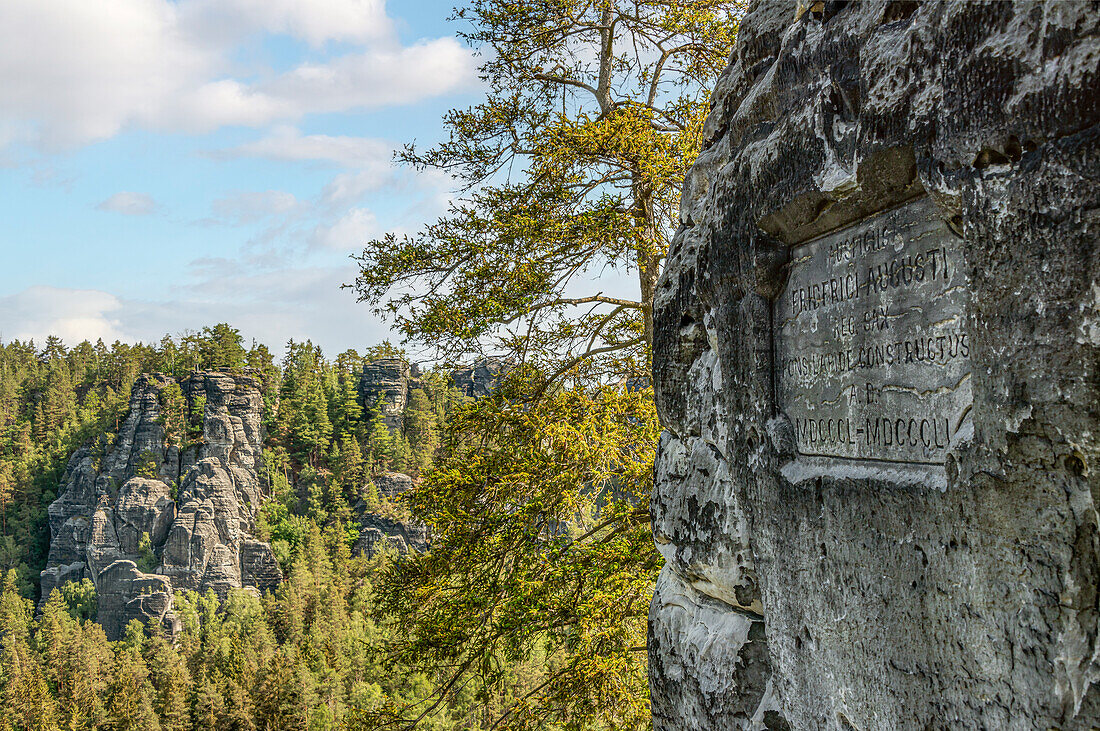 Old wall relief at the Bastei Felsenbrücke, Saxon Switzerland, Saxony, Germany