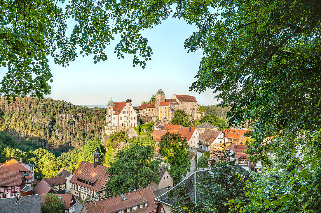 Blick auf Burg Hohnstein, Hohnstein, Sächsische Schweiz, Sachsen, Deutschland