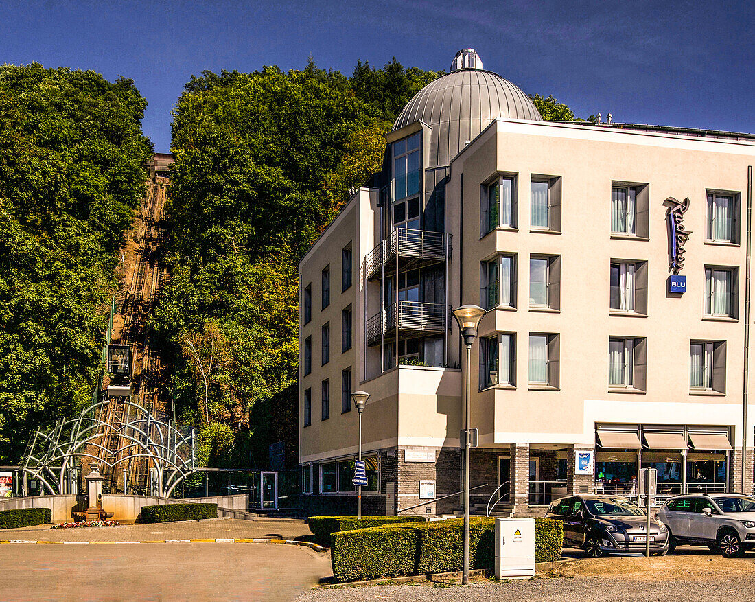 Funicular to the hill Colline d´Annette et Lubin and the Grandhotel Radisson Blu Palace Hotel in the spa district of Spa, Liege province, Belgium