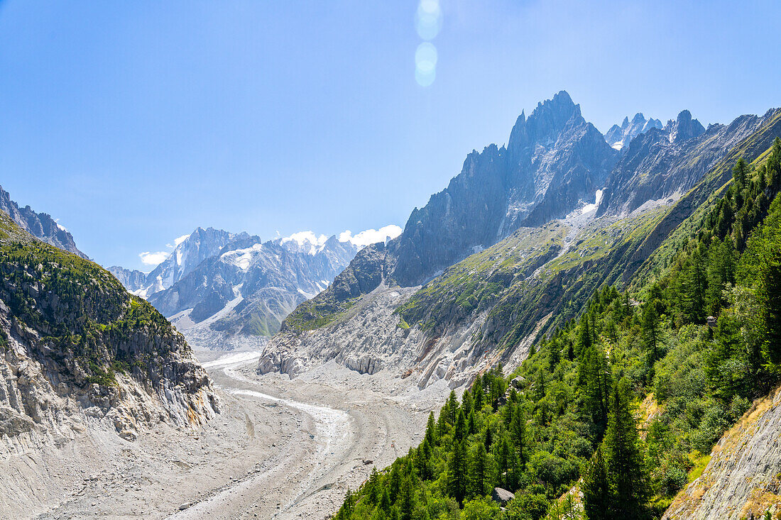 View of the glacier remains and boulders of the Mer de Glace, Chamonix Mont Blanc