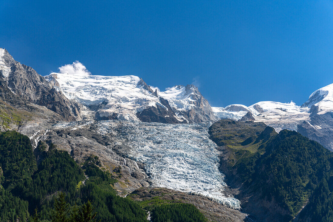 Blick auf die Gletscherzunge 'Glacier de Bossons', Chamonix, Auvergne-Rhone-Alpes, Frankreich