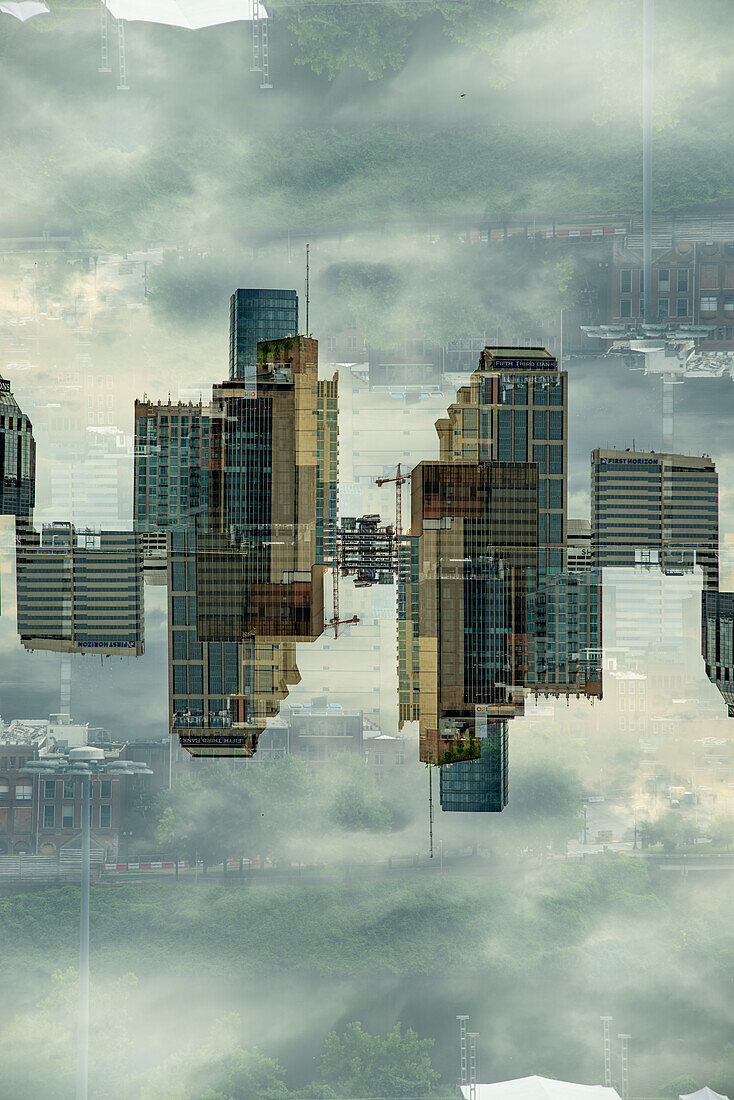 Double exposure photograph of Nashville's skyline as seen from the top stands of the Nissan Stadium.