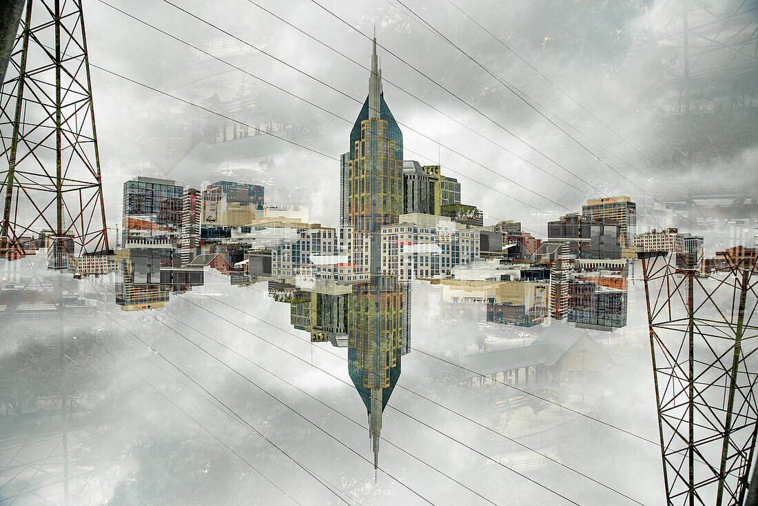 Double exposure photograph of Nashville's skyline.