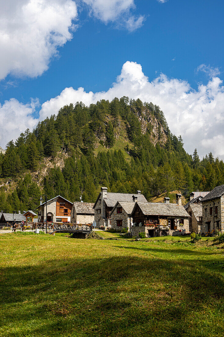 Die Hütten des kleinen Dorfes Crampiolo, umgeben von Wiesen und Wäldern, Alpe Devero, Piemont, Italien.