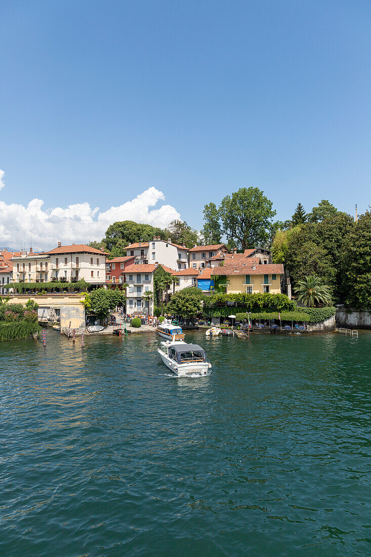 Isola dei Pescatori in Lake Maggiore seen from the ferry, Piedmont, Italy