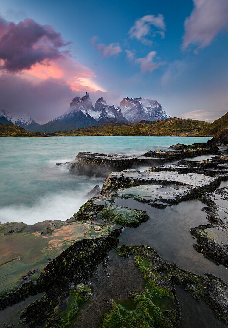 Chile, Torres del Paine National Park. The Horns (Cuernos del Paine) from shoreline of Lake Pehoe.