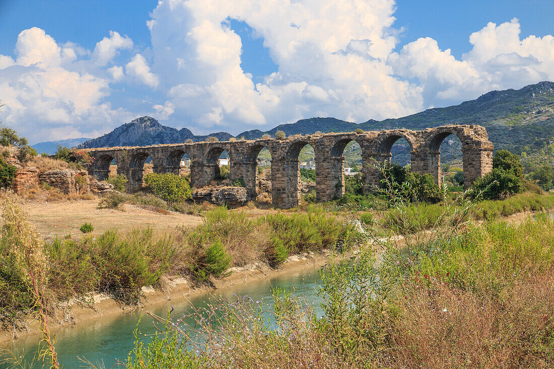 Turkey, Anatolia, Antalya, Aspendos, Aspendos Aqueduct over River Eurmedon.