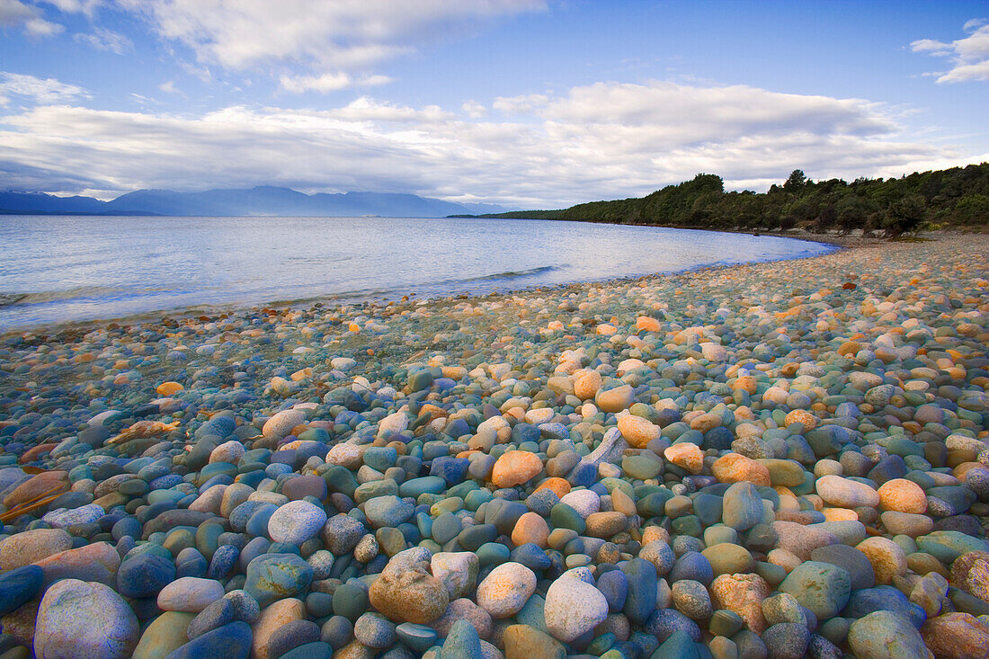 South Island. Rocky shore of Lake Te Anau.