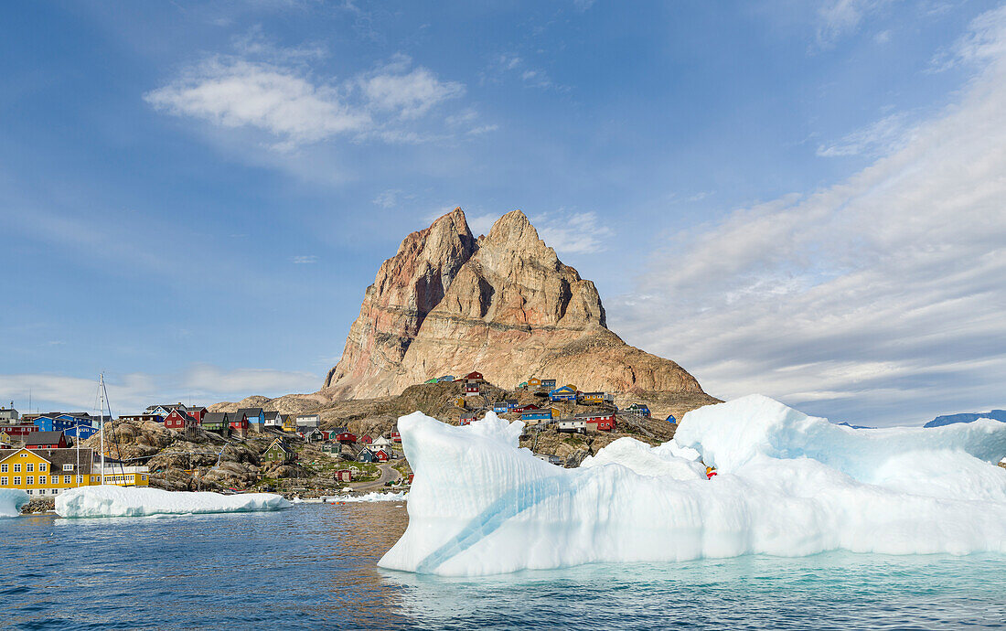 The town Uummannaq, northwest of Greenland, located on an island in the Uummannaq Fjord System.