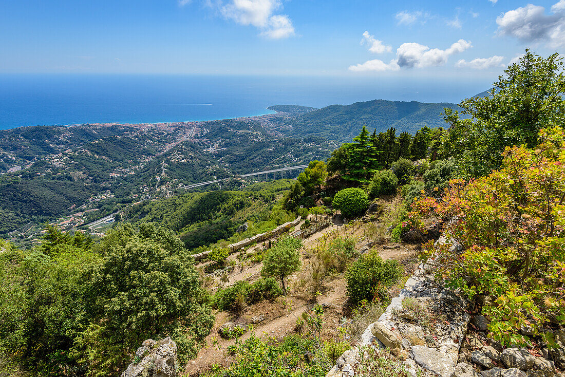 View from the mountain village of Sainte-Agnès in the French Maritime Alps to the town of Menton on the French Riviera, Provence, France