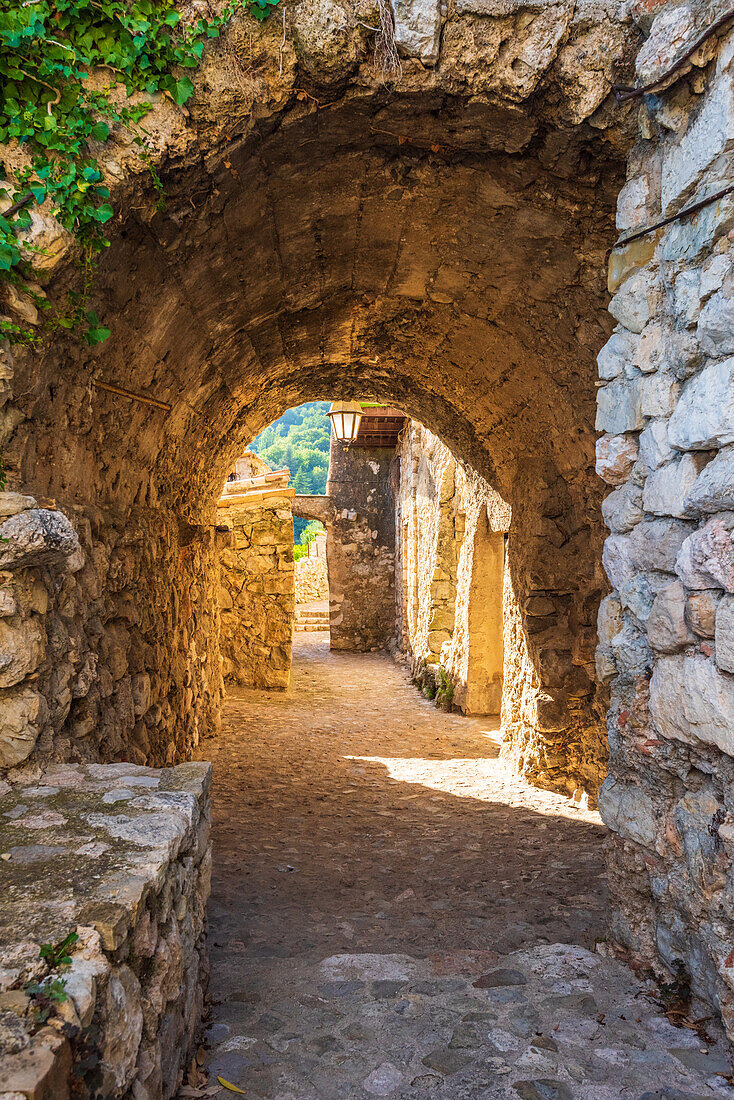 Mittelalterliche Gasse im Bergdorf Gorbio in den französischen Seealpen, Provence, Frankreich