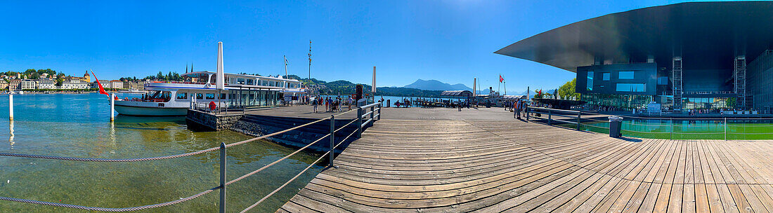 Panoramic View over a Passenger Ship and Concert House on Lake Lucerne in a Sunny Day in Lucerne, Switzerland.