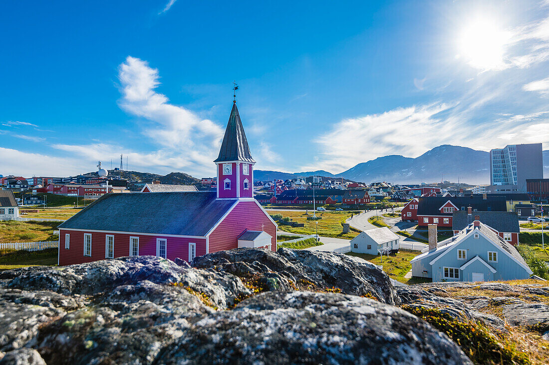 Red Church of the Savior, capital city panorama, Nuuk, Greenland