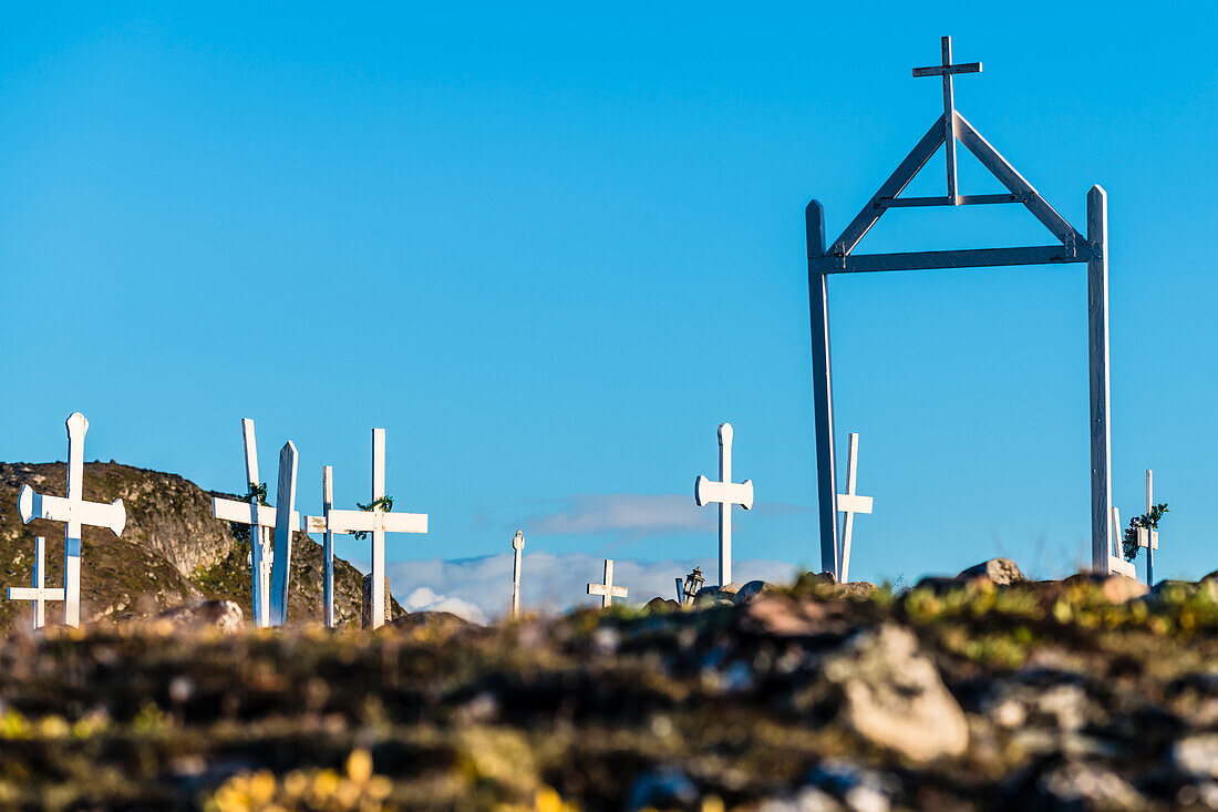 The cemetery in the small settlement of Ilimanaq, Disko Bay, Baffin Bay, Ilulissat, Greenland